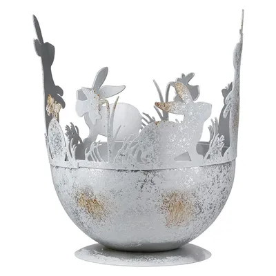 Produktbild von Gilde Windlicht, "Ostererwachen", Eimotiv, Hasenmotiv, Metall, weiß, VE 4, H. 18,5 cm, D. 14,5 cm Höhe: 18.50 cm Durchmesser: 14.50 cm 69842