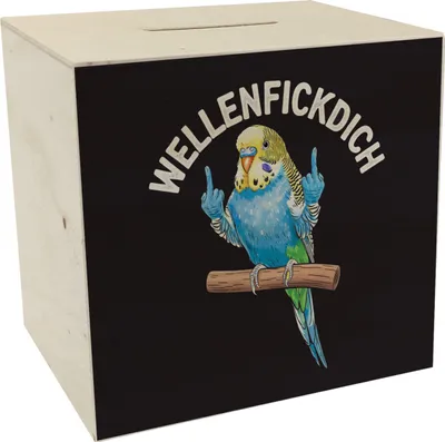 Produktbild von Wellensittich mit Mittelfinger Spardose aus Holz WELLENFICKDICH