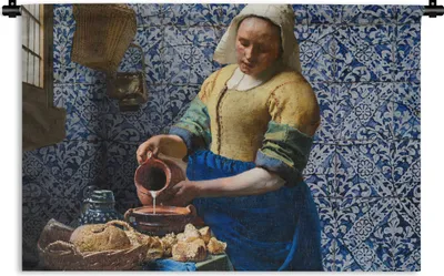 Produktbild von MuchoWow® Wandteppich Wandbehang Milchmädchen - Delfter Blau - Vermeer - Gemälde - Alte Meister 60x40 cm Tapisserie Dekoration Wandtuch - Wanddekorationen