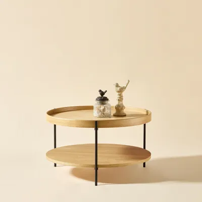 Produktbild von MODFU Wohnzimmertisch mit Zweistöckiges Design,Beistelltisch mit 2 Ablageflächen,Couchtisch rund Natur aus Massivholz und Metallbeine,69x69x38 cm