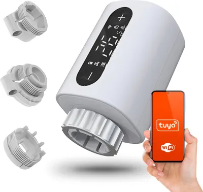 A smart thermostat and its accessories are displayed with a smartphone showing the Tuya app.