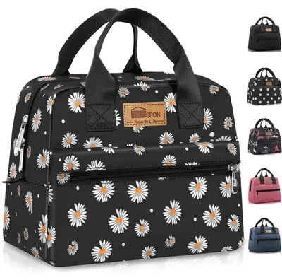 Productafbeelding van Geïsoleerde lunchtas met grote capaciteit, waterdicht, opvouwbaar, geschikt voor werk, picknick en reizen, met een zwart madeliefjesmotief