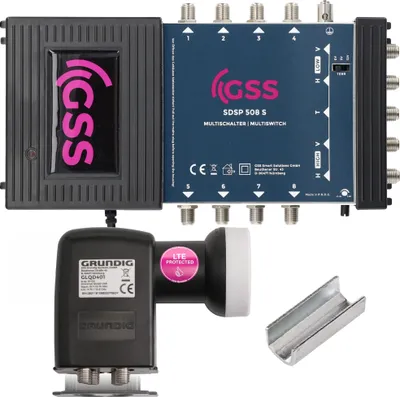 Produktbild von 2in1 Set: GSS 5/8 Multischalter + GSS Grundig 4fach Quad LNB, HD 4K Multiswitch für Quattro & Quad LNB geeignet, für 1 Satelliten & 8 Teilnehmer (TV, Sat Receiver), Antenne