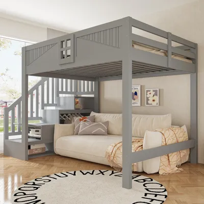 Produktbild von STILVORA Massivholzbett 140x200 cm mit Matratze Bettgestell mit austauschbarer Leiter, Hochbett mit Sicherheitsgitter und Aufbewahrungsleiter, Multifunktionsbett mit Fenster