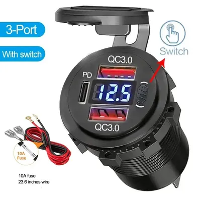 Imagen del producto de Cargador USB, doble puerto, indicador de voltaje, 3 puertos con cable
