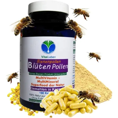 Produktbild von Blütenpollen 180 Kapseln - Kalt gemahlene Bienenpollen - MultiVitamin + MultiMineral SUPERFOOD der NATUR - Imkerqualität - ohne Zusatzstoffe.
