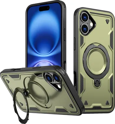 Produktbild von Dual Layer Hülle für iPhone 16 Metall Ring Ständer Magnetisch Stoßfest Militär Handyhülle Grün