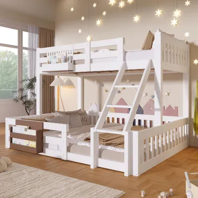 Produktbild von Weißes Hochbett mit Sicherheitsgitter und Leiter, inklusive Aufbewahrungsfächern, ohne Matratze, ideal für Kinderzimmer-Größe: 90x200cm/140x200cm