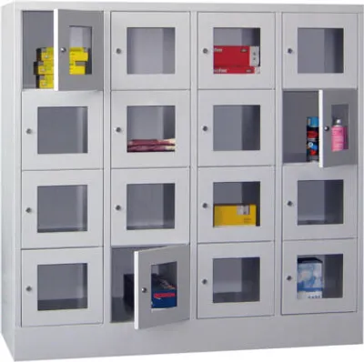Produktbild von Schließfachschrank - Sichtfenstertüren - 16 Fächer a 400 mm - 1.518x1.600x500 mm (HxBxT) - Sockel - Zylinderschloss - lichtblau/tiefschwarz