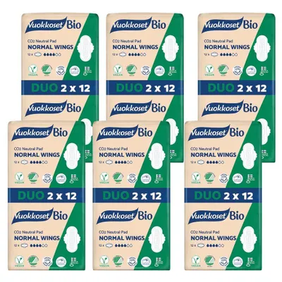 Produktbild von Vuokkoset BIO Binden NORMAL WINGS 144 Stk. | Vorteilspack (6x Duo), Biodegradierbar, Chlorfrei, Hypoallergen, Baumwolle