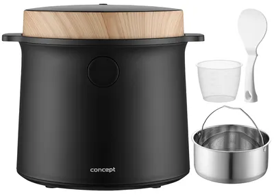 A product shot of a rice cooker with accessories on a white background.