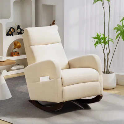 Produktbild von Schaukelstuhl mit Cordstoff-Bezug, Relaxsessel gepolstert, Seitentaschen, Schaukelsessel, Beige | 94 x 67 x 105 cm | 18 kg