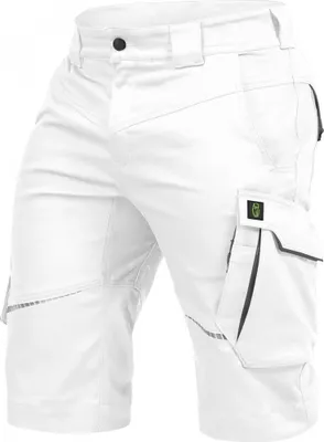 A pair of white cargo shorts with gray accents and a green logo on the right pocket.
