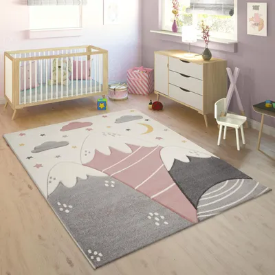 Produktbild von Kinderteppich Teppich Kinderzimmer Junge Mädchen Berge Sterne Wolken 3D Pink Grösse 140x200 cm