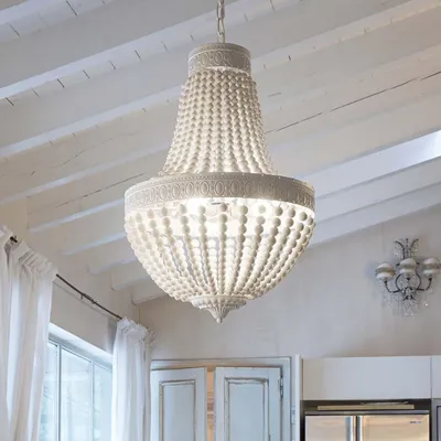 Zdjęcie produktu dla Lampa wisząca w stylu shabby chic, prowansalskim, z białego drewna, 5 żarówek E14