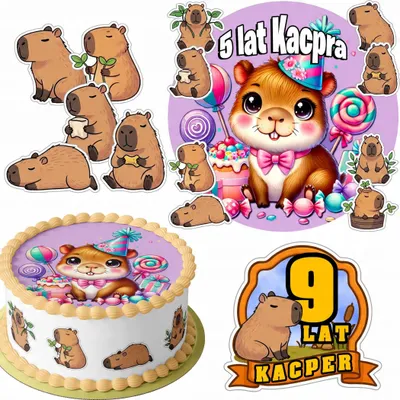 Zdjęcie produktu dla Zestaw Opłatek Na Tort 20Cm + 16 Postaci - Kapibara + Imię 15Cm 18Cm
