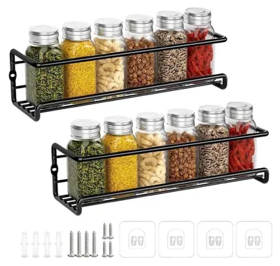 Obrázek produktu pro Kuchyňský organizér na kořenky, kovový stojan na kořenky bez vrtání, nástěnný kuchyňský stojan na kořenky, držák na kořenky do dóz, příslušenství do spíže, kuchyňská skříňka, 29x6x6cm (černý, 2 kusy)