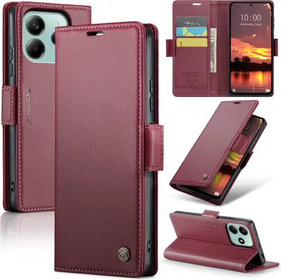A collage of images showing a red leather phone case with card slots and a stand function for a Xiaomi Redmi Note 14 5G.