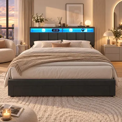 Produktbild von INONEFT Boxspringbett Polsterbett 160x200 cm mit LED, Hydraulisches Doppelbett mit Kopfteil Schublade, 2 Fußschubladen, Lattenrost, Stauraumbett, Grau, KI-generiertes Bild