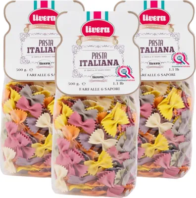 Produktbild von LIVERA - Farfalle 6 Sapori - Italienische Aromatisierte Pasta, Langsame Trocknung, Bronzegezogen, 3 x 500 g Packung, Handgemachte Pasta mit Verschi...
