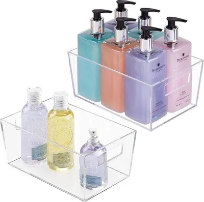 Image de Boîtes de rangement transparentes pour produits de beauté avec poignées, idéales pour la salle de bains, lot de 2