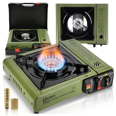 Produktbild von Gaskocher Campingkocher Camping für Gaskartuschen Gasflasche Kocher Piezo Epifit Koffer Grün Outdoor Tischgrill Notfallkocher