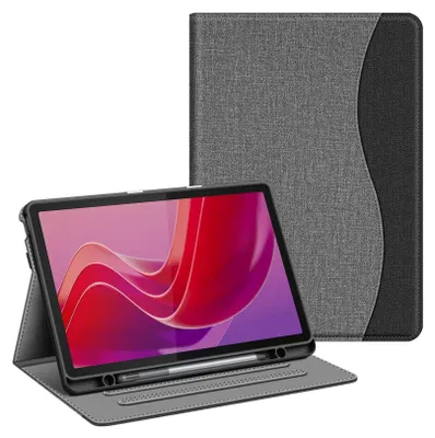 Produktbild von Fintie Hülle mit Stifthalter für Lenovo Tab M11 (TB330) 11 Zoll 2024, Soft TPU Rückseite Gehäuse Schutzhülle mit Dokumentschlitze und Multi-Winkel Ansicht, Nicht für Lenovo Tab P11 11 Zoll, Grau