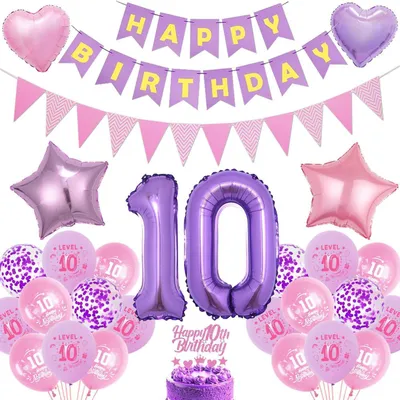 Productafbeelding van Decoratieset voor een meisje die 10 jaar wordt: roze en paarse ballonnen, banner, cijferballonnen, taartdecoratie