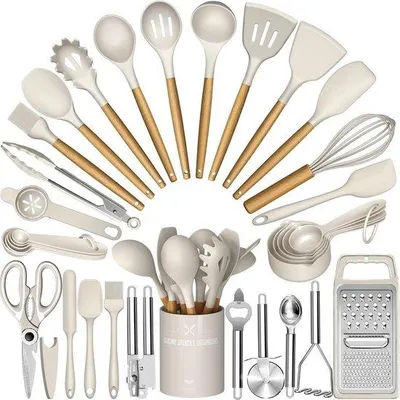 Produktbild von Küchengeräte-Set 34-teilig - Hitzebeständig mit Holzgriffen