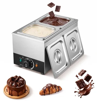 Produktbild von Schokoladenschmelzmaschine - Schokoladentemperiergerät - 2 Abnehmbare Behälter - Edelstahl - 800 W - Temperaturregelung 30–85 °C - Trockenlaufschutz
