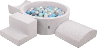 Obrázok produktu pre KiddyMoon Mäkké penové ihrisko pre deti s guľatým loptičkovým ihriskom (200 ∅ 7 cm) s mäkkými prekážkami a loptičkovým bazénom,  vyrobené v EÚ, Svetlo sivá:Perla/Grey/Transparentné/Baby B