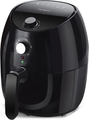 A black air fryer is shown from a slightly elevated front-side angle against a white background.