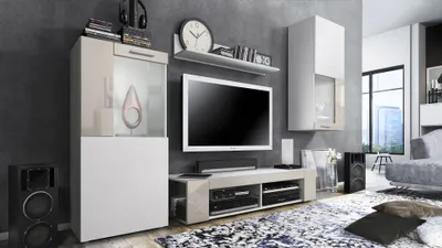 Produktbild von Vladon Wohnwand Movie, Anbauwand bestehend aus 1 TV-Board, 2 Vitrinen und 1 Regal, Weiß matt/Weiß matt/Sandgrau Hochglanz (Gesamt: 300 x 190 x 39 cm)