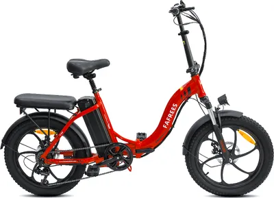 A red electric bicycle with black accents is shown against a white background.