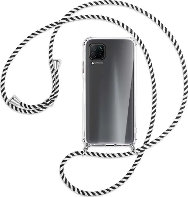 Produktbild von Handykette Backcover-Schutzhülle mit Band (Metall silberfarben) für Huawei P40 lite - schwarz/weiß gestreift