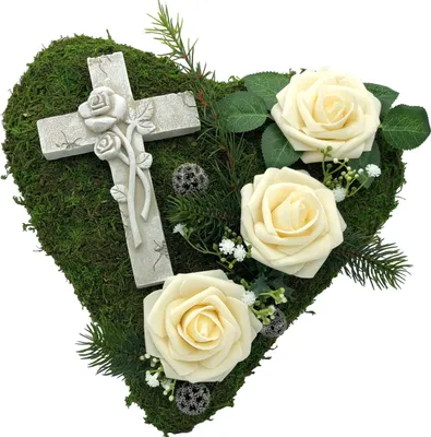 Produktbild von Grabgesteck Grabschmuck Moosherz Grabherz Kreuz Trauerherz Grab Herz Gesteck Rosen creme