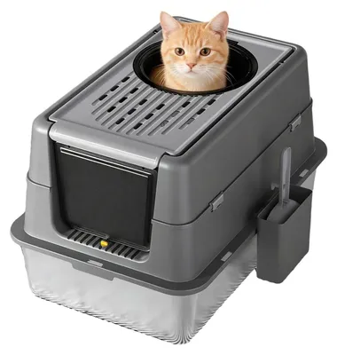 Immagine prodotto di Lettaia per gatti in acciaio inossidabile - Lettiera chiusa - Bordi alti - A prova di fuoriuscite - Fondo in gomma antiscivolo - Coperchio e paletta - 60×40×43,5 cm - Grigio