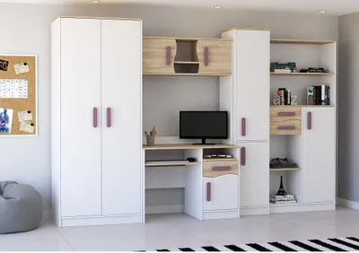 A bedroom furniture set with a wardrobe, desk, and shelves.