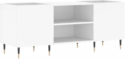 Immagine prodotto di Mobiletto porta dischi bianco, 121x38x48 cm. Mobiletto in legno composito con gambe in ferro, ideale per custodire dischi in vinile e giradischi. Basso mobile per la collezione musicale, adatto per il soggiorno