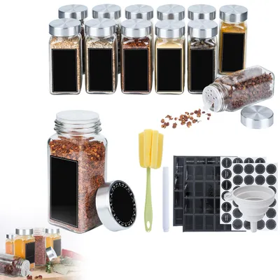 Produktbild von QEENTOE Gewürzgläser eckig 12er Set, Gewürzbehälter mit Edelstahldeckel, Streueinsatz, Etiketten, Trichter sowie Reinigungsbürste