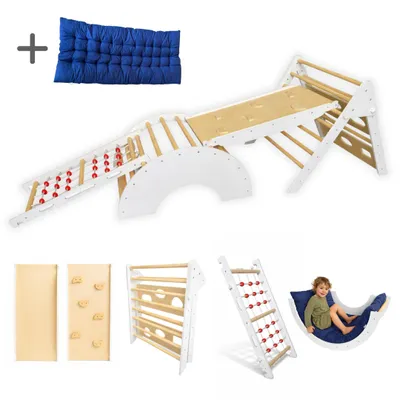 Obrázek produktu pro Dastium Kids XXL dřevěná montessori lezecká sestava 5v1 do interiéru – piklerův trojúhelník, lezecký oblouk, rampa, síť, polštáře, bílá