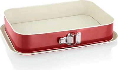 Produktbild von Springform eckig 35x24 cm – Große rechteckige Backform, antihaft, mit Auslaufschutz, hohe Kuchenform, rot/creme