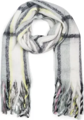 Produktbild von styleBREAKER Damen Web Strickschal mit Streifen Muster und langen dicken Fransen, warmer Winter Schal mehrfarbig 01017157
