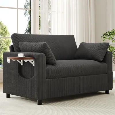 Produktbild von MODFU Schlafsofa mit USB Und Seitentasche Loungesofa Zweisitzer mit Schlaffunktion und Klappbarer Beistelltisch Cord Schwarz