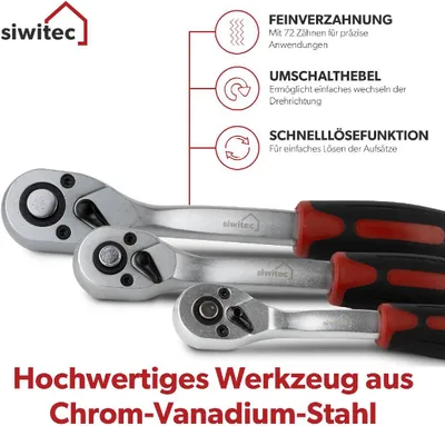 Collage showing three ratchets of different sizes with text and icons explaining features.