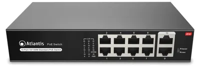 Productafbeelding van Atlantis Switch, PoE, 10 poorten, 10/100 Mbps, 8 PoE-poorten, 115 W (30 W per poort), VLAN, bereik 250 meter, rackmontage 19", desktopmodel, metaal. Artikelnummer: A02-F10P8-120W