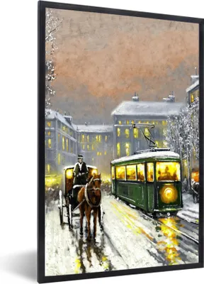 Produktbild von MuchoWow® Gerahmtes Poster Gemälde - Ölgemälde - Winter - Straßenbahn - Pferd 60x90 cm - Poster mit Schwarzem Bilderrahmen Wandposter Rahmen Foto Bilder - Kunst