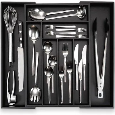 Produktbild von Famanu Besteckkasten aus Bambus, schwarz, 47 cm tief, ideal zur Organisation von Besteck in der Küche