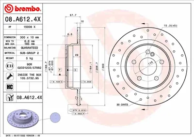 Produktbild von 2x BREMBO Bremsscheibe 08.A612.4X 57 7mm 300mm