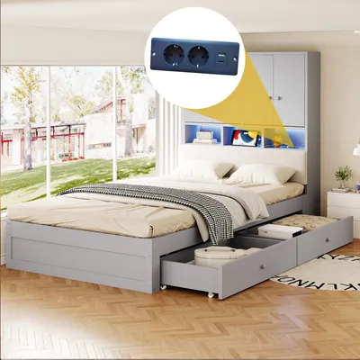 Produktbild von Flieks Jugendbett 90x200cm mit Led und Steckdose, Holzbett Einzelbett mit 2 Schubladen, Stauaumbett mit gepolstertem Kopfteil und Staufach, Grau